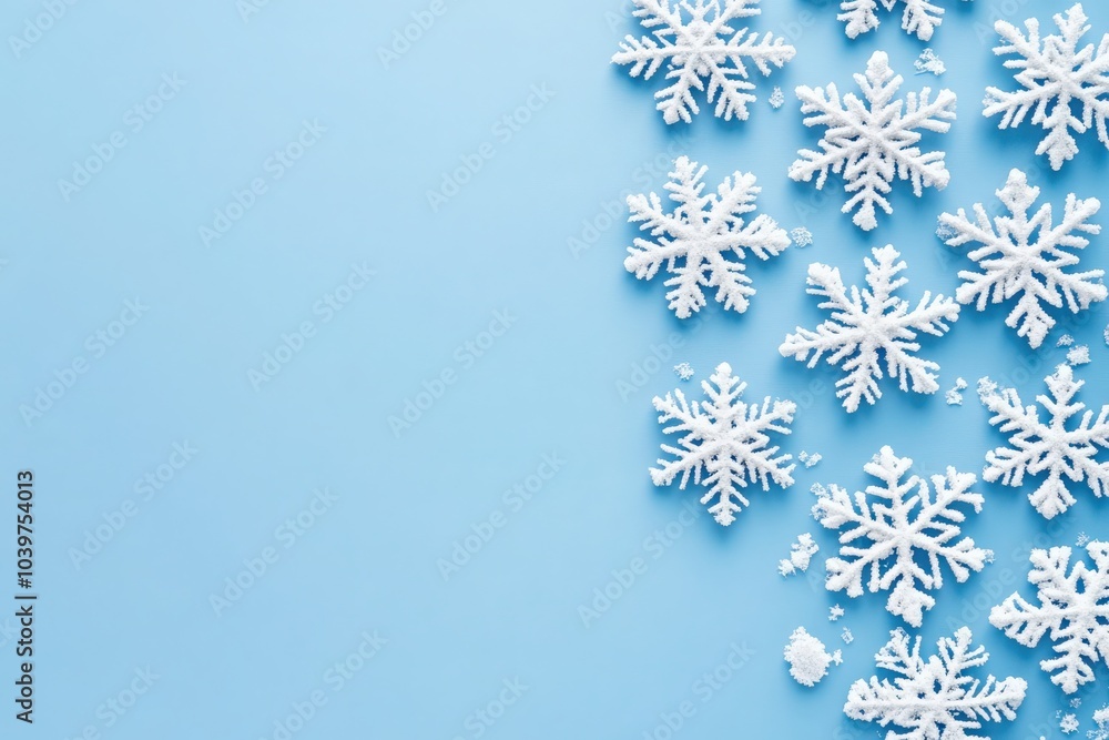 A collection of decorative white snowflakes is arranged on a smooth blue surface, creating a festive winter feel. The contrast highlights the beauty of the snowflakes for seasonal decor. A collection of decorative white snowflakes is arranged on a smooth blue surface, creating a festive winter feel. The contrast highlights the beauty of the snowflakes for seasonal decor.