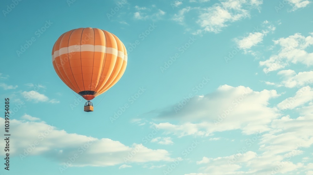 Naklejka premium Orange hot air balloon soaring in cloudy blue sky