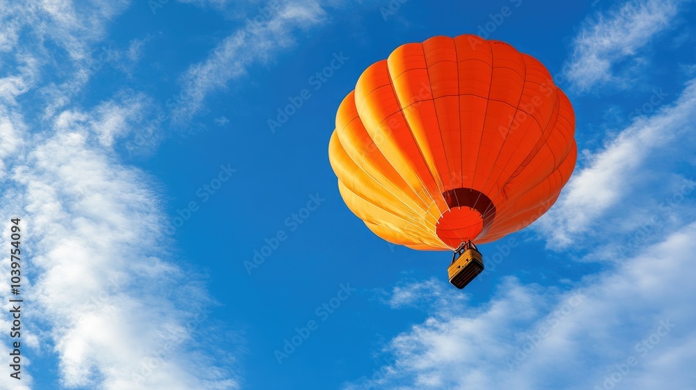 Naklejka premium Orange hot air balloon against blue sky with scattered clouds