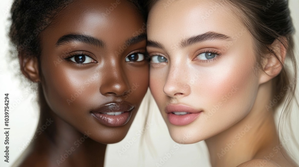 Two diverse female models posing together showcasing their natural beauty and glowing skin tones under soft natural light against a simple beige background The image represents inclusivity harmony Two diverse female models posing together showcasing their natural beauty and glowing skin tones under soft natural light against a simple beige background The image represents inclusivity harmony