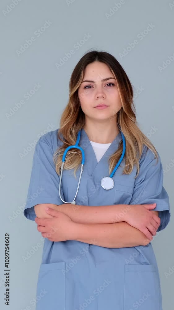 Portrait of a serious doctor or nurse, standing with crossed arms on blue background. Concentrated medical professional. Vertical video. Portrait of a serious doctor or nurse, standing with crossed arms on blue background. Concentrated medical professional. Vertical video.