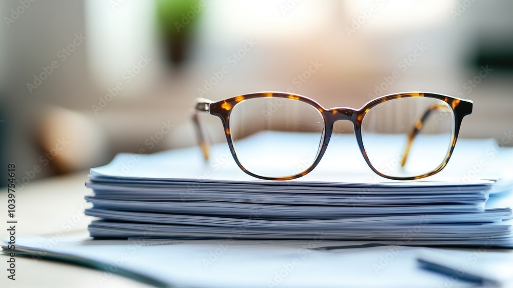 Tortoiseshell glasses resting on stacked documents in bright room Tortoiseshell glasses resting on stacked documents in bright room