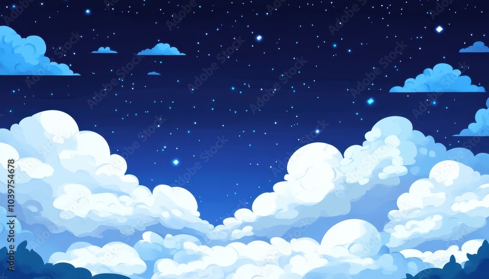 Fluffy, volumetric clouds drifting through a dark blue sky, speckled with distant stars Fluffy, volumetric clouds drifting through a dark blue sky, speckled with distant stars