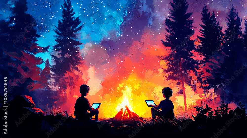 Fototapeta premium Children using mobile internet on camping trip under the stars