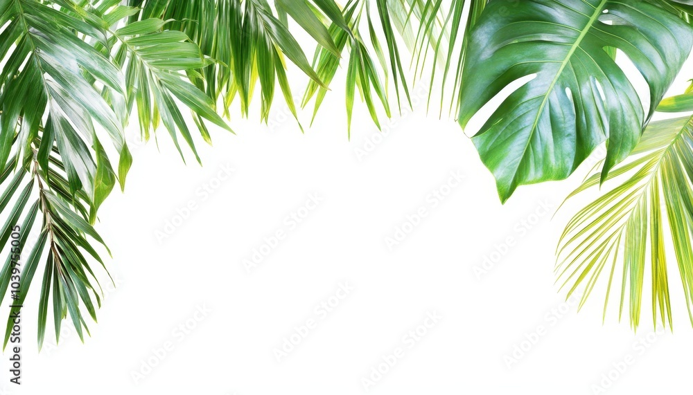 Fototapeta premium A palm tree leaf isolated on a clean white backdrop, creating a natural frame with plenty of space for messages or creative content