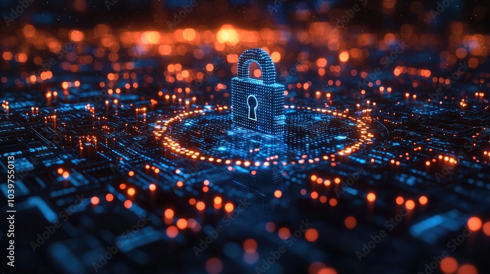 Obraz premium Abstract background with a blue padlock and binary code on a digital screen, representing the concept of cyber security. be used for web design or a social media banner. 