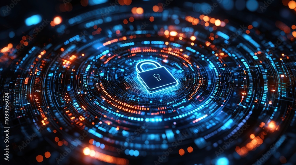 Abstract background with a blue padlock and binary code on a digital screen, representing the concept of cyber security. be used for web design or a social media banner. Abstract background with a blue padlock and binary code on a digital screen, representing the concept of cyber security. be used for web design or a social media banner.