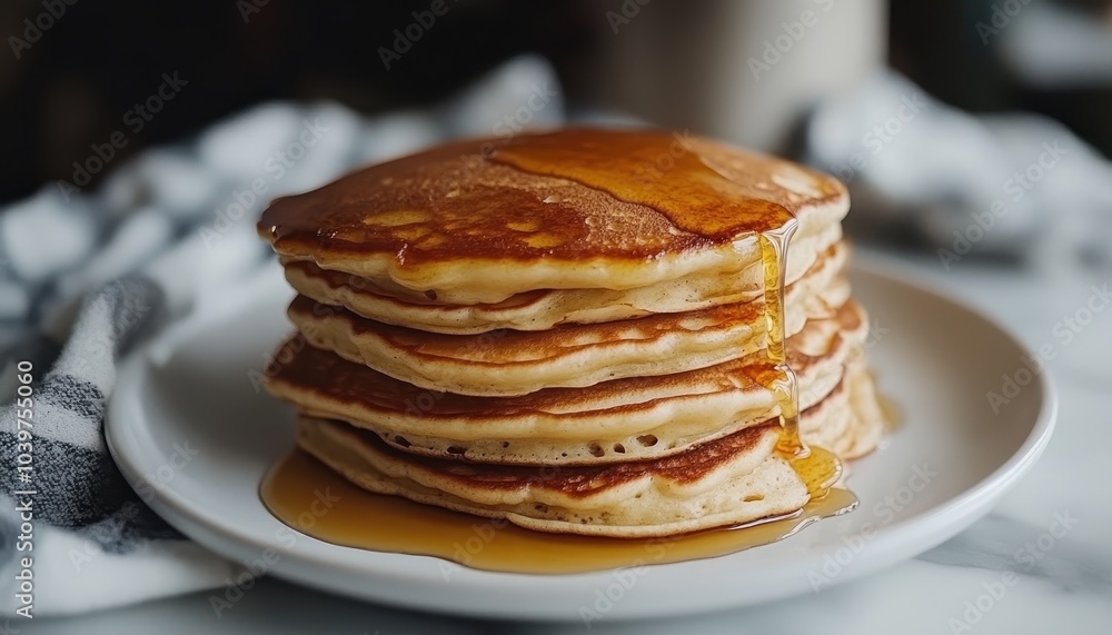 Stack of pancake with honey syrup on the white plate on isolated background Stack of pancake with honey syrup on the white plate on isolated background
