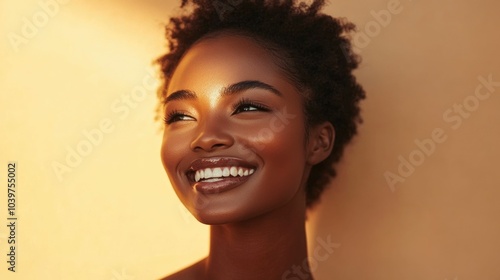 Captivating portrait of a woman with glowing skin and a warm radiant smile against a minimalist beige background exuding a sense of natural beauty joy and confidence