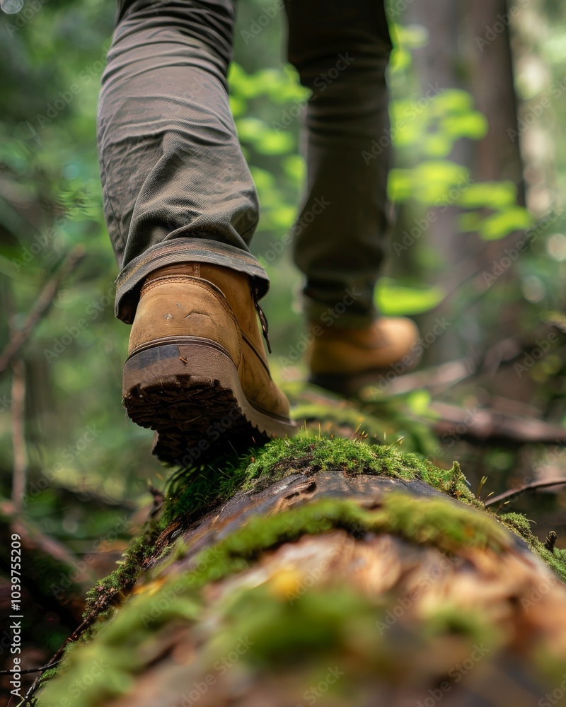 Young man walking on a mossy log in the forest, Traveler or hiker man balancing while standing on a tree trunk in nature. Men enjoy outdoor activities in the summertime. close-up of shoes. back view.M Young man walking on a mossy log in the forest, Traveler or hiker man balancing while standing on a tree trunk in nature. Men enjoy outdoor activities in the summertime. close-up of shoes. back view.M