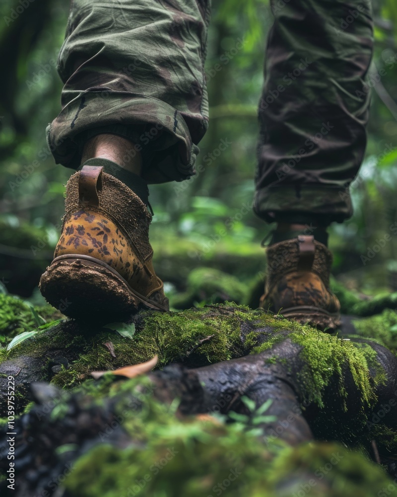 Young man walking on a mossy log in the forest, Traveler or hiker man balancing while standing on a tree trunk in nature. Men enjoy outdoor activities in the summertime. close-up of shoes. back view.M Young man walking on a mossy log in the forest, Traveler or hiker man balancing while standing on a tree trunk in nature. Men enjoy outdoor activities in the summertime. close-up of shoes. back view.M