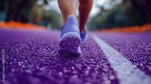 A Chinese athlete is running on a hill, the runner crosses forward, close-up side, purple background, panoramic shot, the whole athlete can see 