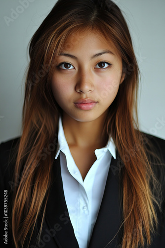 Professional Corporate Headshot of a Confident and Empowered Businesswoman in Formal Attire with a Focused and Determined Expression for Leadership Roles