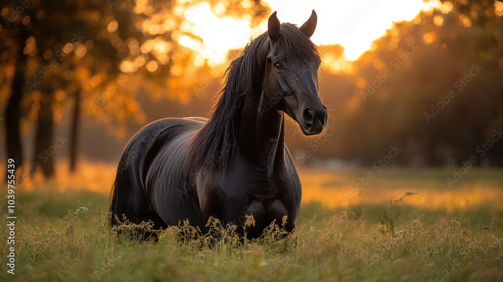 A black horse standing in a sunlit field at sunset. A black horse standing in a sunlit field at sunset.