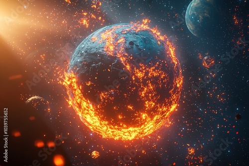 Exploding burning planet in flames and fire in cosmos with stars and other planets in background. Generative Ai