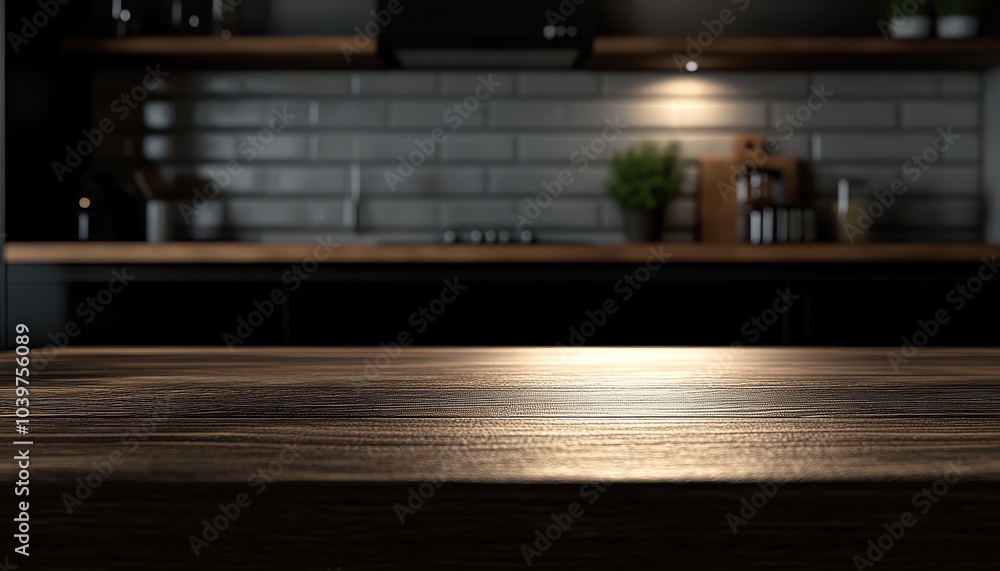 Beautiful empty brown wooden table top and blurred defocused modern kitchen interior background with daylight flare Beautiful empty brown wooden table top and blurred defocused modern kitchen interior background with daylight flare
