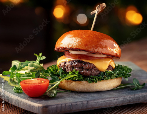 Delicious Juicy Cheeseburger with Savory Meat and Fresh Vegetables on wooden cutting board on a bokeh dark background photo