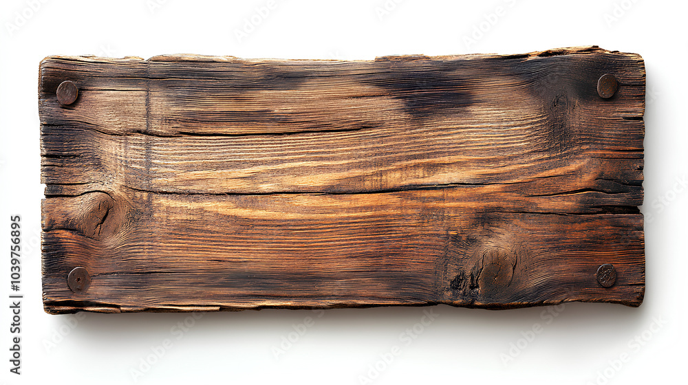 A close-up of an old, weathered wooden plank with metal fasteners, isolated on a white background. A close-up of an old, weathered wooden plank with metal fasteners, isolated on a white background.