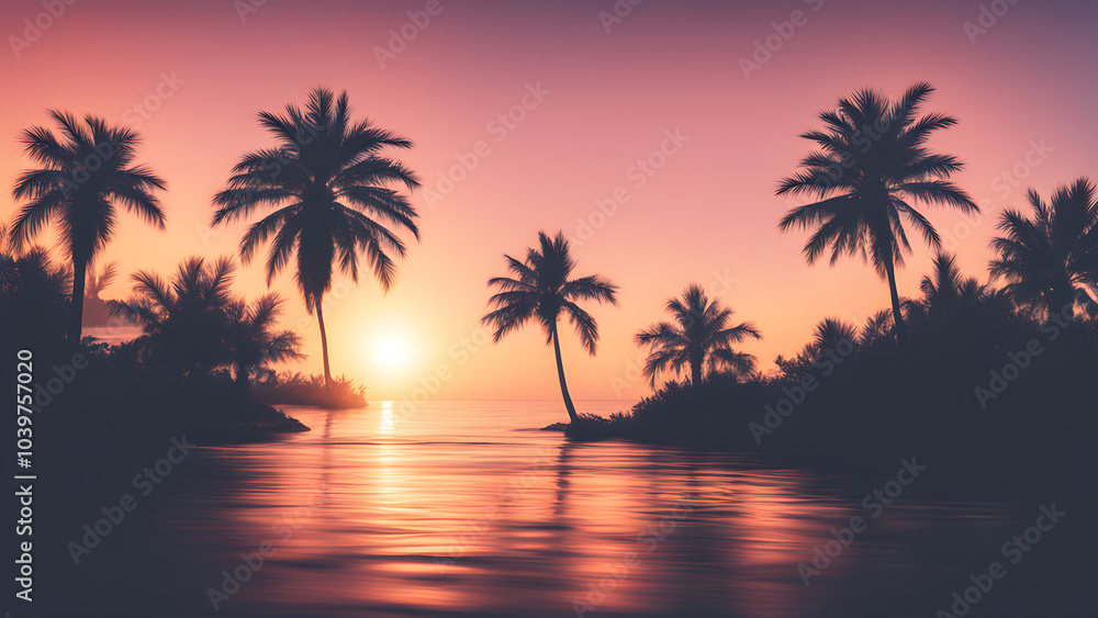 Summer background, tranquil sunset over calm waters with silhouetted palm trees along a tropical shoreline Summer background, tranquil sunset over calm waters with silhouetted palm trees along a tropical shoreline