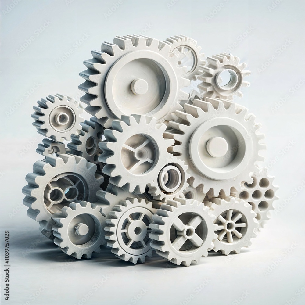 3D illustration of white gear parts assembled together to form a mechanism 3D illustration of white gear parts assembled together to form a mechanism