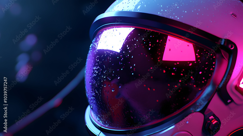 detailed close-up of a futuristic helmet visor with raindrops, illuminated by a pink and purple neon glow, capturing a sci-fi aesthetic in a dark setting. detailed close-up of a futuristic helmet visor with raindrops, illuminated by a pink and purple neon glow, capturing a sci-fi aesthetic in a dark setting.