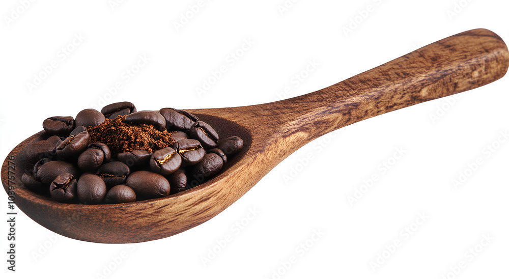 Fototapeta premium A wooden spoon filled with dark roasted coffee beans and ground coffee.