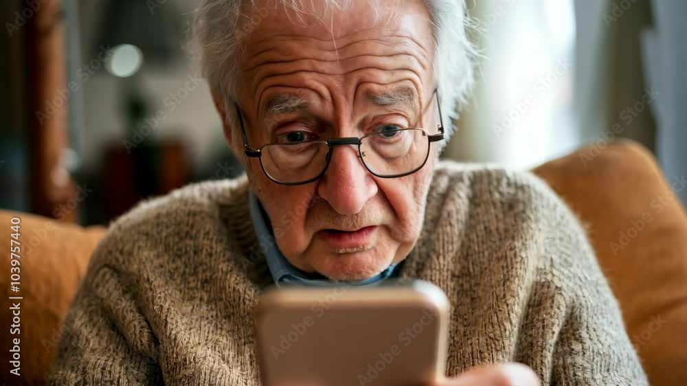 An older man is sitting on a couch and looking at his cell phone. He is surprised or confused by something he is seeing on the screen An older man is sitting on a couch and looking at his cell phone. He is surprised or confused by something he is seeing on the screen