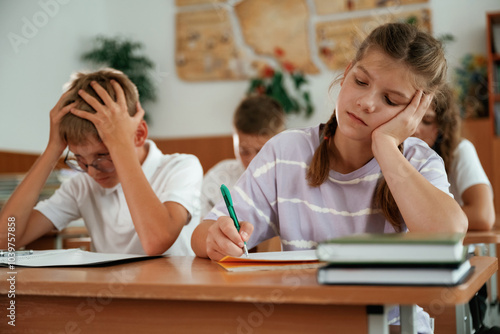 Sitting by the desks. Pupils, kids in the classroom together