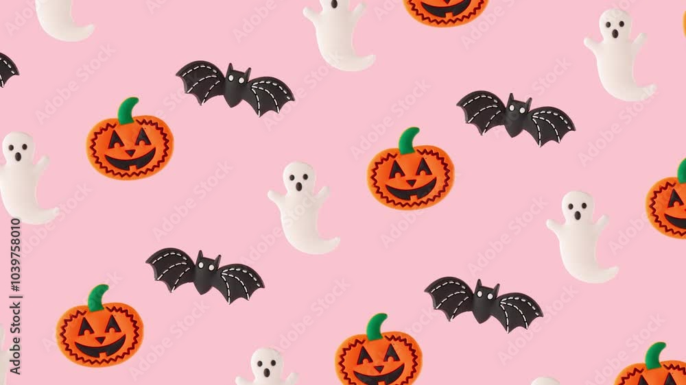 Black bat, pumpkin and white ghost on pink background. Fun Hallowen celebration idea. Black bat, pumpkin and white ghost on pink background. Fun Hallowen celebration idea.