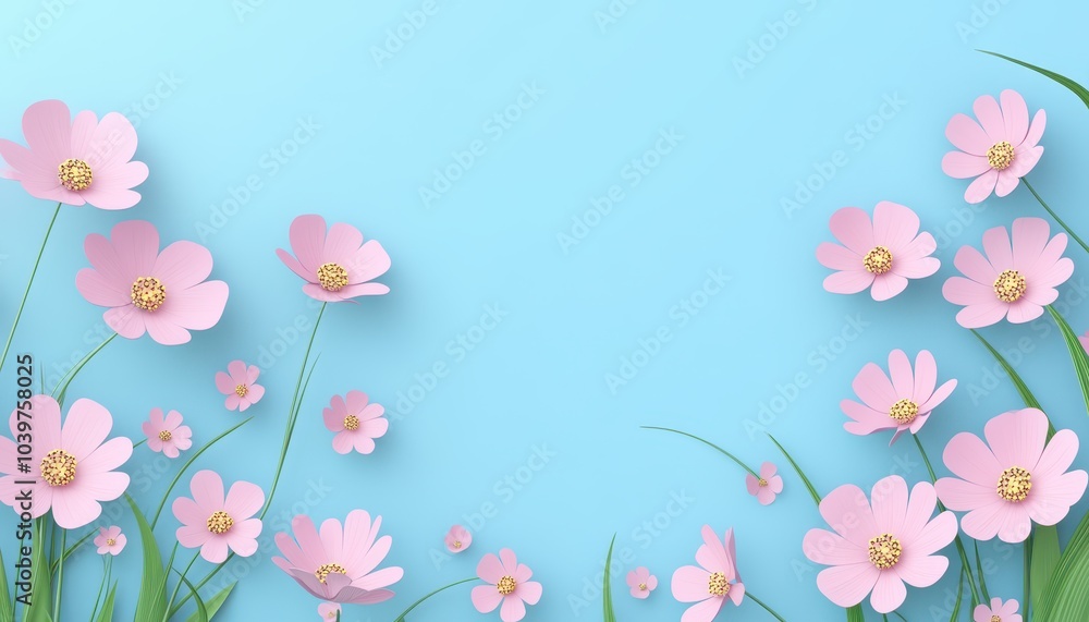 Flat lay creative illustration concept of fresh field Spring flowers on pastel blue background. Beautiful pink bloomed flowers Flat lay creative illustration concept of fresh field Spring flowers on pastel blue background. Beautiful pink bloomed flowers