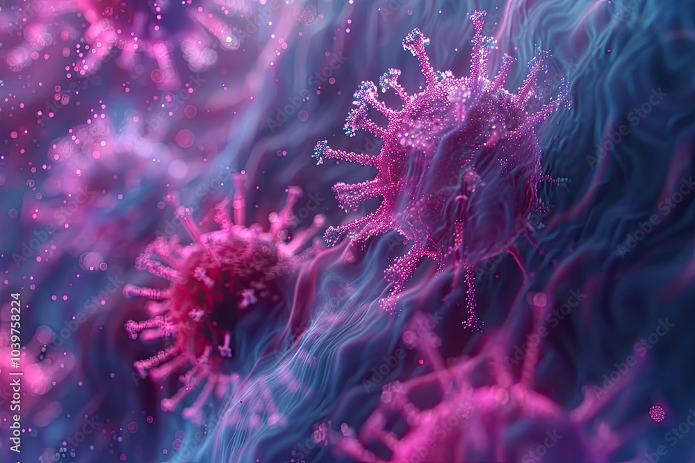 Fototapeta premium Influenza virus in blood with leukocytes and erythrocytes, showing viral infection at a cellular level