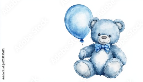 A cute teddy bear with ballon, blue, watercolor, it's a boy. Isolated, baby room frame, nursery room frame