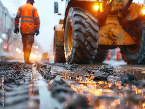 Construction worker inspecting a muddy road with heavy machinery on a rainy day, showcasing urban development and challenges in weather conditions. photo