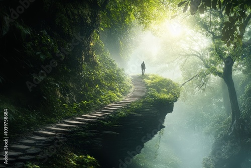 Narrow Path Through Forest: Man Hiking on Winding, Dangerous Trail Towards Light photo