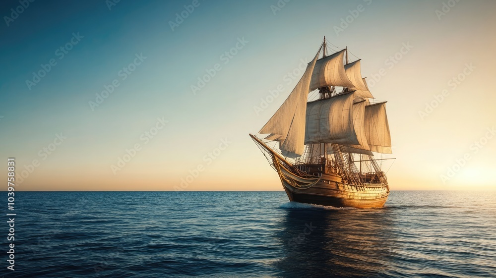 Obraz premium Historic wooden sailing ship on calm ocean at sunset