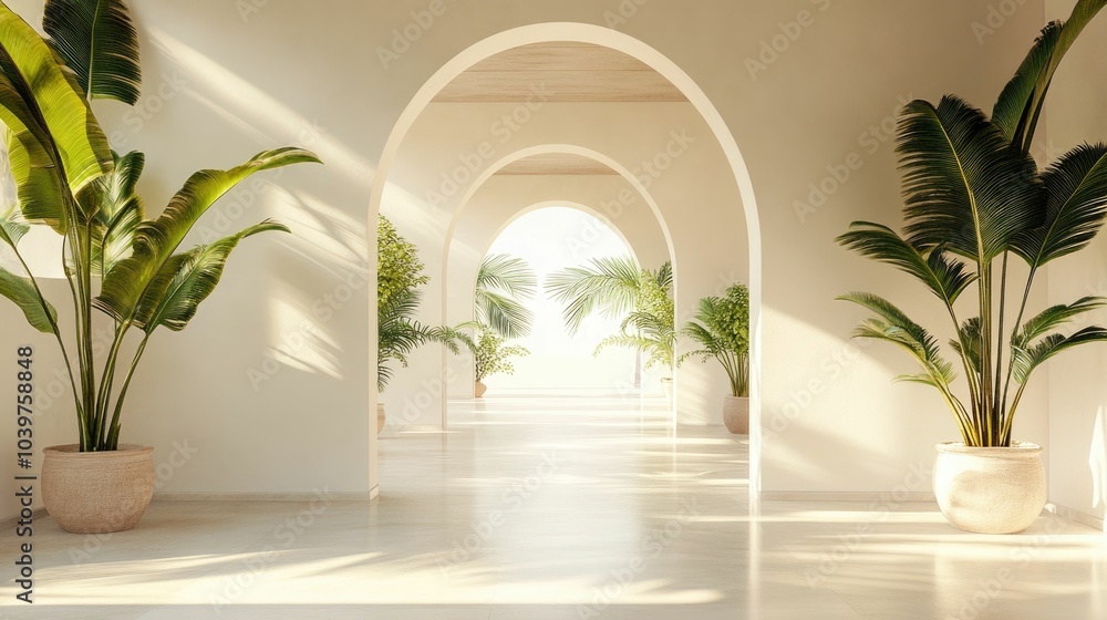 Fototapeta premium Minimalist tropical architecture with archways clean white walls soft shadows lush potted plants and warm sunlight creating a soothing serene and coastal inspired ambiance