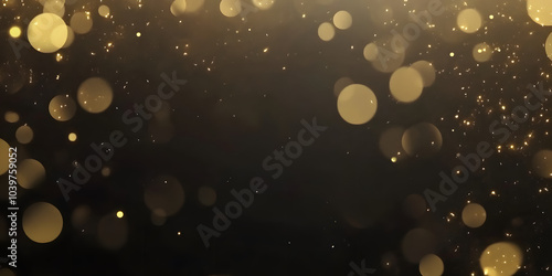 Soft golden bokeh sparkles float across a dark background, leaving ample copy space. Ideal for elegant festive designs, invitations, or creative projects needing a subtle glow.