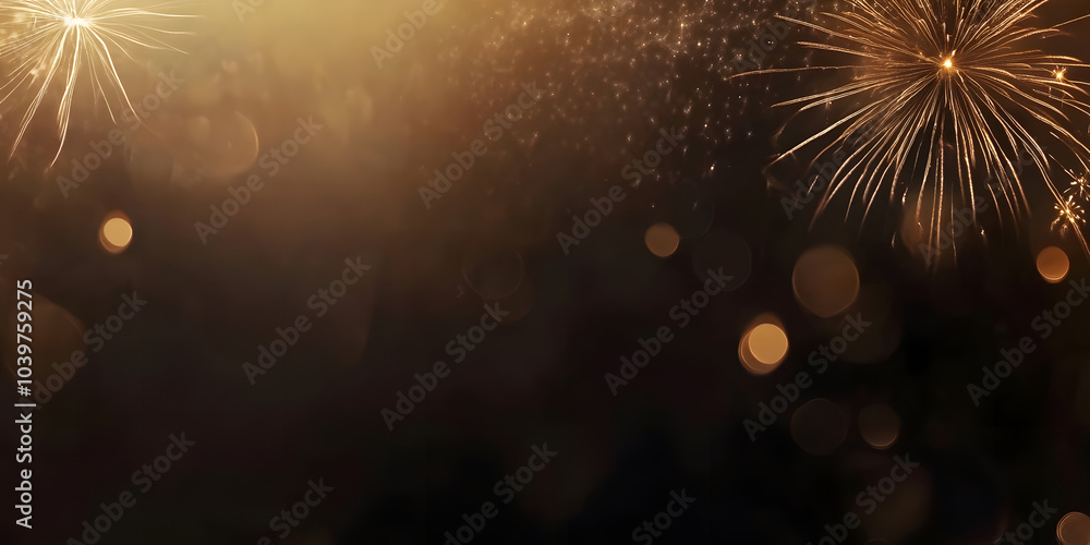 Fototapeta premium Golden fireworks sparkle in a dark sky with a soft, warm glow and bokeh lights. Ample copy space makes it perfect for festive designs, invitations, or holiday banners.
