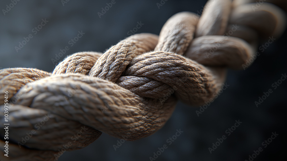 Fototapeta premium A close-up image showcasing the intricate details of a tightly woven, brown rope, emphasizing its texture and the complexity of its knots.