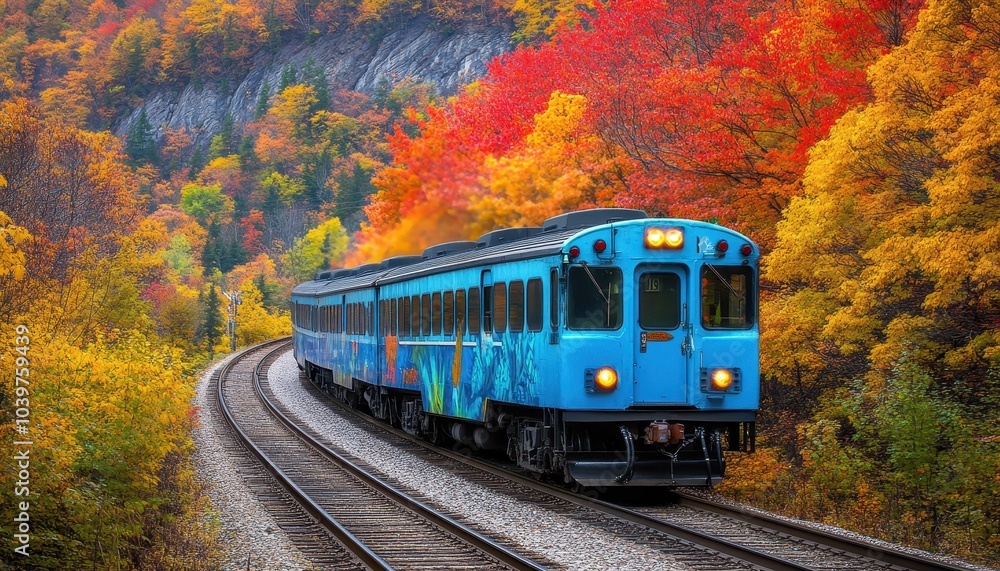 Obraz premium A blue train travels along the railroad tracks next to the forest