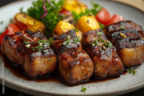 Delicious grilled pork belly with roasted vegetables lying on plate