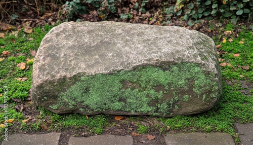 The stone covered with green moss impresses with its natural beauty. This aesthetic combination of vibrant colors and textures makes it the perfect backdrop for showcasing various products photo