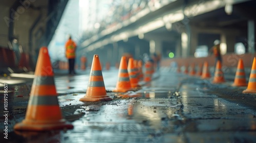 Blurred view of construction cones and workers on wet pavement under a bridge, emphasizing safety and urban infrastructure development.