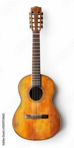 Old Guitar Isolated on White Background. Retro Acoustic Instrument for Country Music