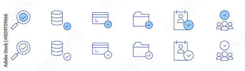 Approval icon set in two styles, Duotone and Thin Line style. Editable stroke. check, folder, cv, database, candidate, credit card