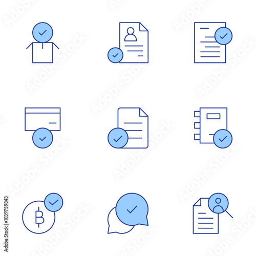 Approval icons set. Line Duotone style, editable stroke. corporate policy, exam, job search, approval, cv, file, bitcoin accepted, approve, approved