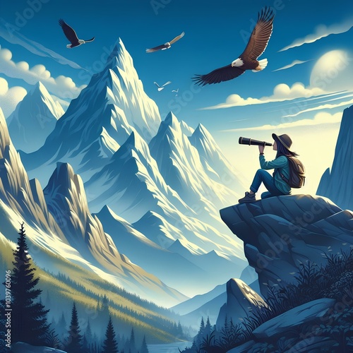 a serene illustration mountain scene with a young girl sitting on a rock ledge in the middle of towering peaks photo