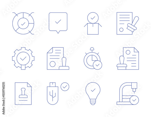 Approval icons. Thin Line style, editable stroke. approve, approved, aproval, agree, usb drive, pie chart, settings, time photo