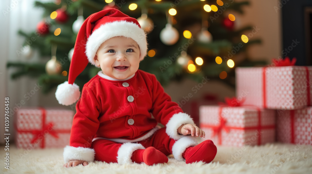 Smiling baby dressed as Santa Claus next to Christmas tree Smiling baby dressed as Santa Claus next to Christmas tree