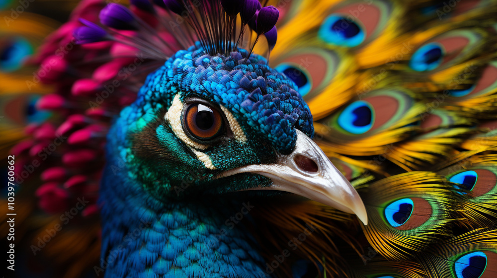 Obraz premium Closeup of vibrant peacock with colorful feathers in full display